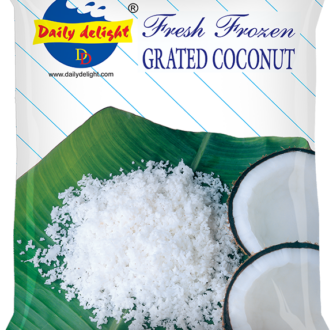 Bag of Daily Delight grated coconut with a green leaf and coconut pieces on a white background